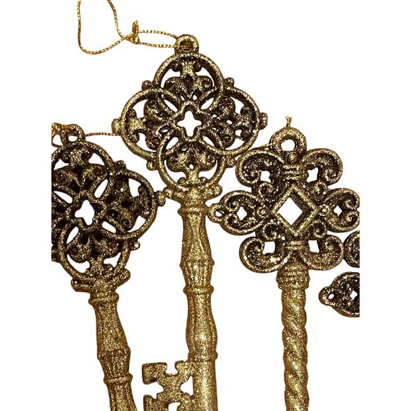 Kurt Adler set of 5 Gold Glitter Key Christmas Tree Ornaments - Picture 3 of 7